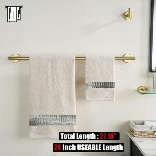JQK Bath Towel Bar, 27 Inch Brushed Light Gold Towel Rack Bathroom, 304 Stainless Steel Thicken 0.8mm Towel Holder Wall Mount, Useable Length 24 Inch, TB110L24-BG