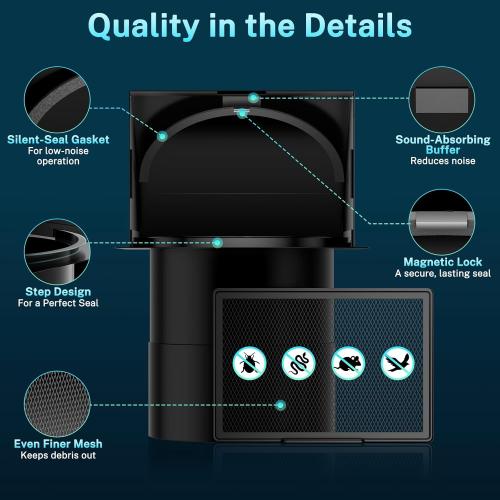 HG Power 8 Inch Hooded Wall Vent with Damper and Screen, Exterior Vent Covers，Galvanized Steel Exhaust Vent, Exhaust Fan Cover for Kitchen Range Hood Ventilation, HVAC Duct Air Exhaust, Black