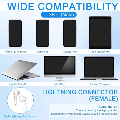 USB C to Audio Adapter, USB C Male to Female Headphone Adapter for Earbuds Charging Data Transfer Music Playback Calls for iPhone 16/15 iPad