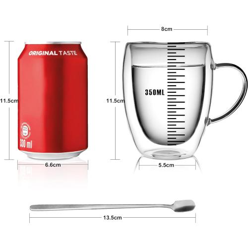 LIBWYS 6 Pack Double Walled Coffee Cups Glasses Mugs, 12oz Espresso Cappuccino Latte Tea Cups with Handle, Heat Resistant Borosilicate Clear Glasses 350ml