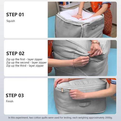 Comforter Self Compression Storage Bags, Large Capacity Blanket Storage Bags with Zipper 3-Layer Ultra Space Saving Organizer, Washable Bags, Grey