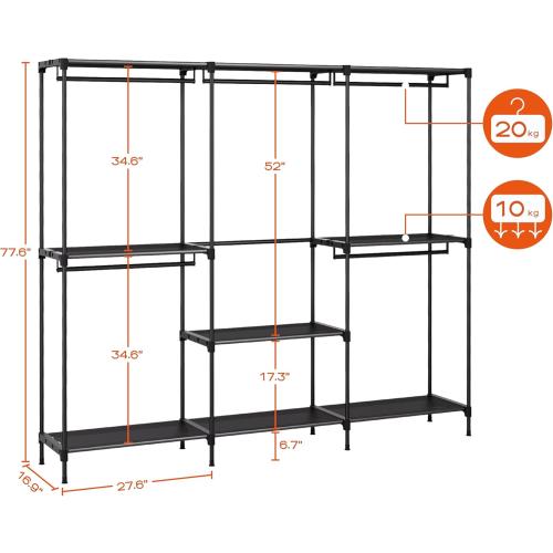 Clothes Rack, Portable Closet, 80.7 Inch Extra Large Capacity Wardrobe Closet, Clothes Storage Organizer with Shelves and 5 Hanging Rods, Easy to Assembly, Black PCT036B01