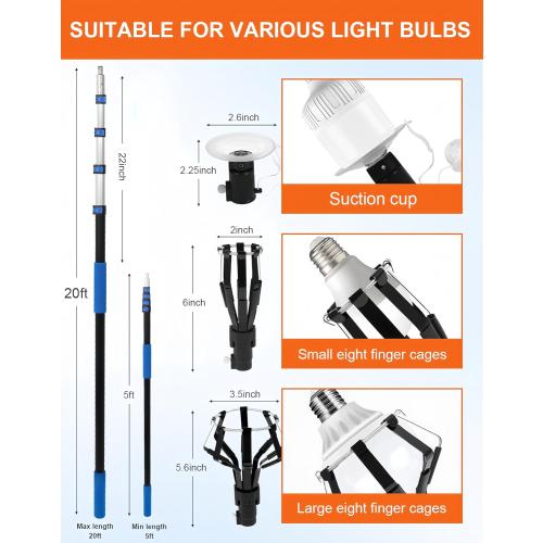 Light Bulb Changer for High Ceilings, 5-20FT to 26FT Reach, Segment Lock & Non-Slip Grip, Suction Cup/Basket & 3/4 Acme Thread, Compatible with Home/Commercial Bulbs(Blue)