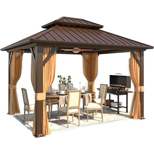 YOLENY 10' x 12' Hardtop Gazebo, Metal Gazebo with Aluminum Frame, Double Galvanized Steel Roof, Curtains and Netting Included, Pergolas for Patios, Garden, Parties, Lawns