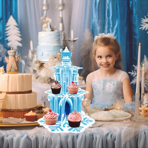 Frozen Birthday Party Decorations, 3-Tier Frozen Cupcake Stand with Snowflakes and Ice Castle Design for Winter Wonderland Theme, Baby Shower and Kids Frozen Party (Blue Snowflake)