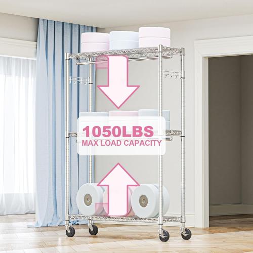M MZG Heavy Duty Rolling Garment Rack 3 Tiers Adjustable Wire Shelving Clothes Rack with 2 Rods and Side Hooks,Storage Closet Clothing Rack with Wheels Chrome 15.7 D x 45.3 W x 79.6 H