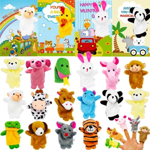 Valentine's Day Cards with 16 Pcs Plush Animal Finger Puppets, Kids Classroom Gifts & Party Favors