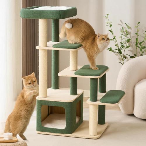 Modern Wood Cat Tree Tower for Large Cats - 43.5 Indoor Wooden Cat Condo with Sisal Scratching Posts, Washable Cushions, Large Top Perch & Easy Climb Steps for Elderly/Short-Legged Cats Multi-Cat Use