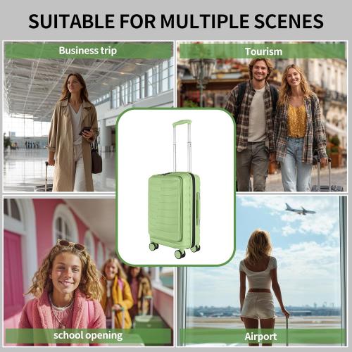 Size 22×14×9 Color Green Airline Approved Carry On Luggage with Front Open Pocket, Spinner Wheels, ABS PC Hardshell Small 20inch Suitcase with Protective Cover and Luggage Tag, Avocado Green