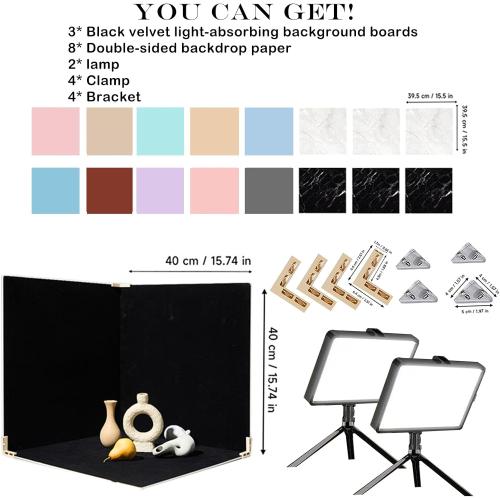 14PCS Absobent Black Flocked Photography Backdrop Boards with LED Lighting Studio Kit 16x16 inch Anti-Glare Photo Background Backdrop Shooting Tent for Product Food Jewelry Cosmetics Makeup