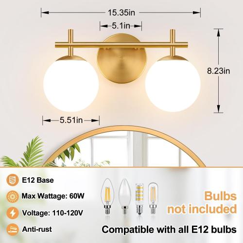 MOKATNG 2-Light Bathroom Light Fixtures, Brushed Gold Vanity Lights for Bathroom with Milky White Glass Shade, Bathroom Lighting Fixtures Over Mirror, Wall Sconce for Bedroom (Bulb Not Included)