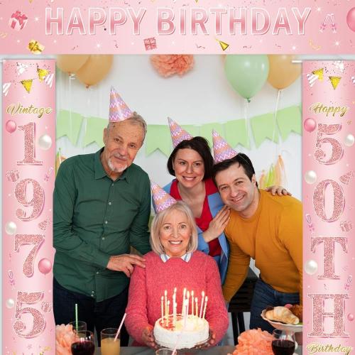 50th Birthday Party Decorations for Women, Rose Gold Vintage 1975 50th Birthday Decorations Door Banners, Fifty Years Birthday Party Supplies for Indoor Outdoor Decor