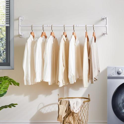 IBUYKE Industrial Pipe Clothes Rack, 50 Inch Wall Mounted Clothing Rack, Space-Saving Hanging Closet Rod, Heavy Duty Multi-Purpose Garment Rack for Closet and Laundry Room(4 Bases), White TYJ002W