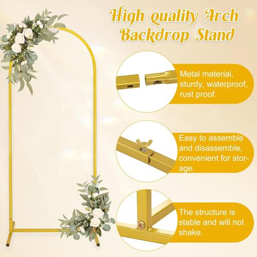 Metal Arch Stand and Cover Set,1 White Spandex Fitted Backdrop with 1 Gold Wedding Arched Stand Frame for Parties Birthday Baby Shower Bridal Banquet Decoration (6.6FT)