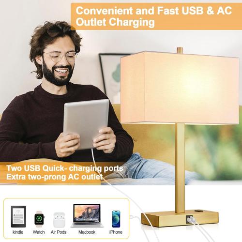 21 Touch Bedside lamps with 2 USB & AC Outlets, 3-Way Dimmable Bedside Table Lamps Set of 2 for Bedroom Living Room Office Reading, White Shade Lamps for Night Stands, 2700K LED Bulbs Included