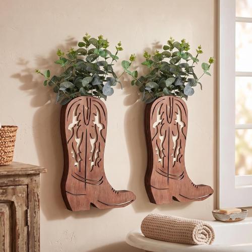 Havawish 2 Pcs Western Wall Decor Wood Cowboy Boots Wall Planter for Indoor Plants 12 x 8'' Western Boot Flower Hanging Vase for Flower Faux Rustic Home Decor for Bathroom Bedroom(Retro Style)