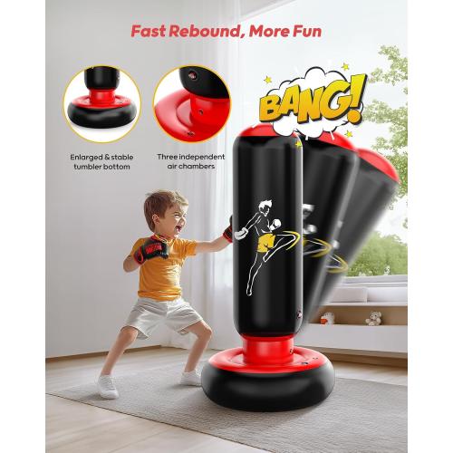QPAU Kids Punching Bag Toy with Boxing Gloves, 66 Inch Larger Stable Kids Inflatable Boxing Bag Set, Gifts for Boys & Girls Age 6-12, for Practicing Karate, Taekwondo, MMA
