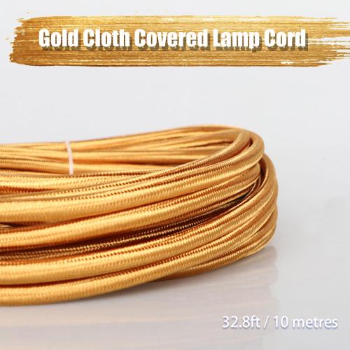 Helunsi 32.8ft Cloth Covered Lamp Cord, 18 AWG 2 Conductor Gold Vintage Electrical Cord Braided Electrical Wire, 18 Gauge Round Rayon Fabric Covered Wire for DIY Antique Industrial Lighting Project