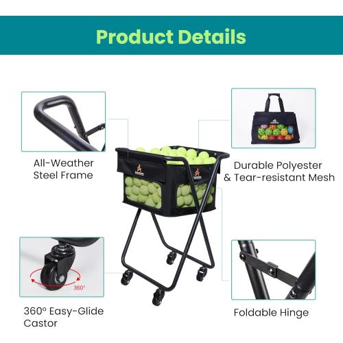 Tennis Ball Hopper Cart with 4 Wheels – Foldable, Large Capacity Pickleball & Tennis Ball Collector for Court Training & Coaching
