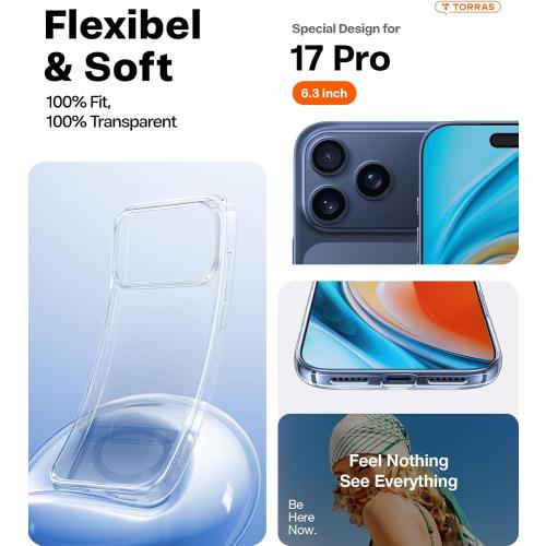 TORRAS for iPhone 17 Pro Case Crystal Clear, Ultra-Thin, 2025 Upgraded Non-Yellowing, Military-Grade Protection, Transparent Slim Case for iPhone 17 Pro Phone Case, Soft, Anti-Scratch, Clear
