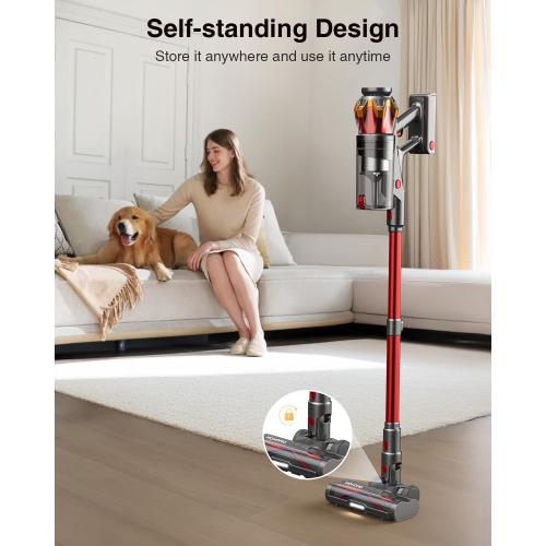 Cordless Vacuum Cleaner, 650W/55KPa 70Mins Vacuum Cleaners for Home, Self-Standing Stick Vacuum with Anti-Tangle Brush & OLED Touch Screen, Vacuum Cleaner for Hardwood Floors,Carpet,Pet Hair,Car (Red)