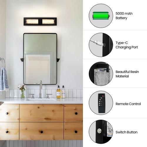 Battery Operated Resin Wall Sconce - Wireless Rechargeable Black Wall Light Dimmable LED Remote Wall Sconces Lighting Modern Cordless Vanity Light Fixtures No Wiring for Living Room Bedroom Bathroom
