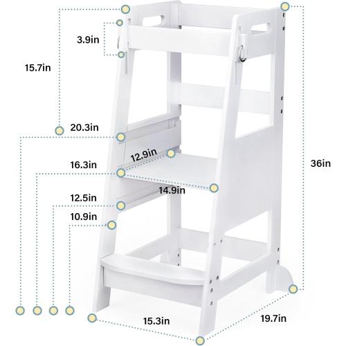 TOETOL Bamboo Toddler Kitchen Step Stool White Helper Standing Tower Height Adjustable with Anti-Slip Protection for Kids Kitchen Counter Learning