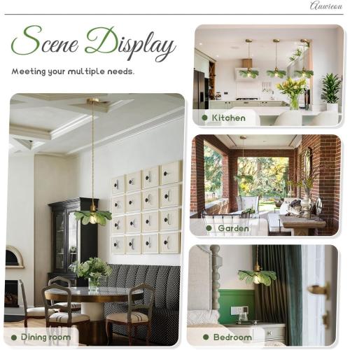 Green Glass Pendant Light Kitchen Flower Ceiling Light Fixture with Leaves Glass Shade, Mid Century Gold Hanging Light for Living Room Bedroom Dining Room, Set of 2