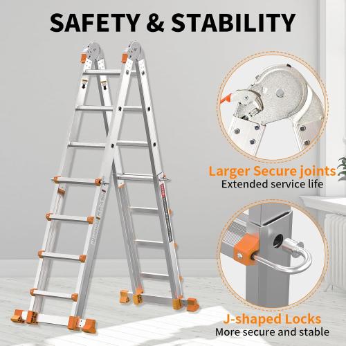 Silver Valeo Ladder 11FT, Multi Position 3 Step Ladder Extension, Anti-Slip A Frame Folding Ladder with Removable Tool Tray, 330lbs Adjustable Telescopic Aluminum Ladders for Stairs Home Indoor Outdoor Roof