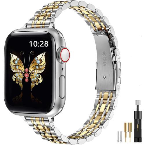 MioHHR Slim Metal Band Compatible with Apple Watch Band 49mm 46mm 45mm 44mm 42mm(Series 3/2/1),Dressy Stainless Steel Chain Strap for Women iWatch Bands Series 10 9 8 7 6 5 4 SE Ultra 2 1,Silver/Gold