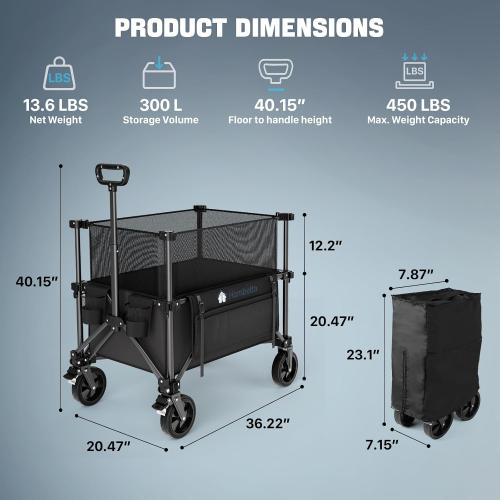 Folding Wagon Cart Foldable with Wheels, Adjustable Double Decker 150L-300L Capacity, All-Terrain Wheels & Brake, 450LBS Heavy Duty Collapsible Wagon for Beach, Camping, Outdoor