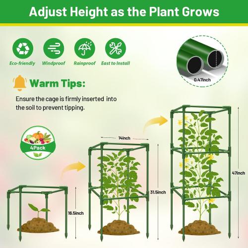 Legigo 4 Pack Tomato Cages with 17 Gallon Grow Bags- 47 Inch Square Tomato Cages for Garden, Heavy-Duty Tomato Stakes Plant Support Cages Trellis for Garden Vertical Climbing Plants Vegetables