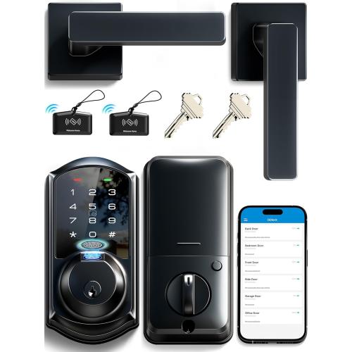 Veise VE07-L Fingerprint App Control Smart Locks with Heavy-Duty Zinc Alloy Handles, Keyless Entry for Front Door, Digital Electronic Touchscreen, Auto Lock, Waterproof, Easy Install, Matte Black