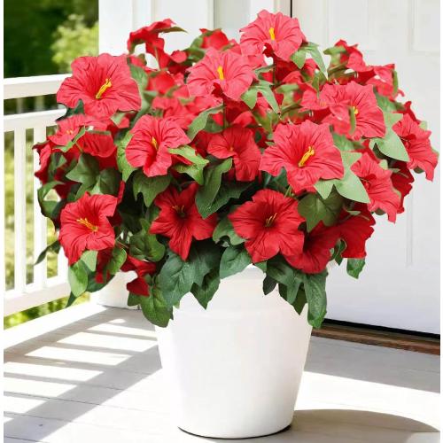 Artificial Outdoor Flowers UV Resistant Faux Petunias Silk Flower Faux Flowers Fake Plants for Garden Patio Window Box Home Porch Decor 4 Bundles (Red)