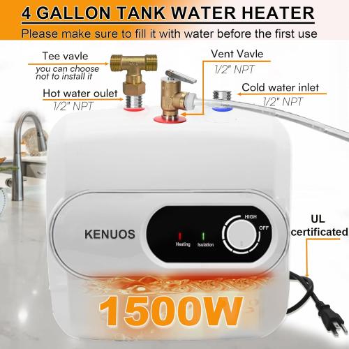 4 Gallon Water Heater Under Sink Instant Hot Water Heaters 1500W 110V 120V Mini Tank,Under Counter Water Heater with Safety Vavle 1/2 NPT for Kitchen,Bathroom,Camper,RV, White