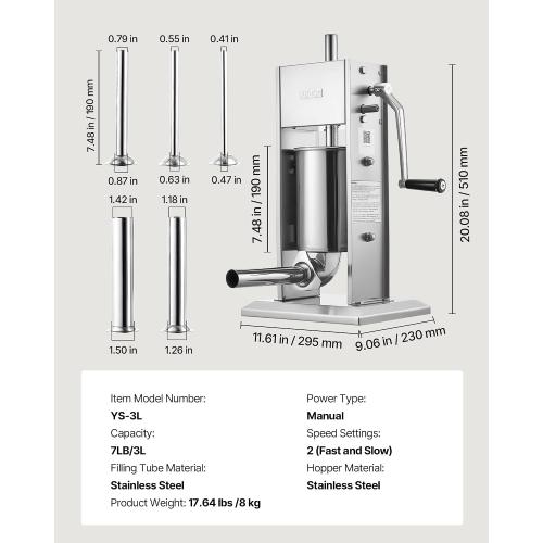 VEVOR Manual Sausage Stuffer, 7 LBS / 3 L Vertical Meat Stuffer, Heavy Duty Sausage Casing Meat Stuffing Machine, Dual-Speed Stainless Steel Filler with 5 Filling Tubes, for Commercial and Home Use ‼️used could be missing or broken parts ‼️