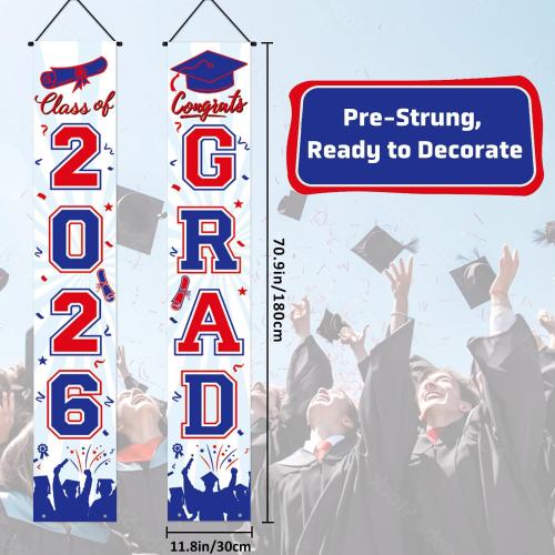Graduation Decorations 2026 Porch Banner, Graduation Banner Class of 2026, Red and Blue Congrats Grad Decorations for Door and Porch Party Supplies