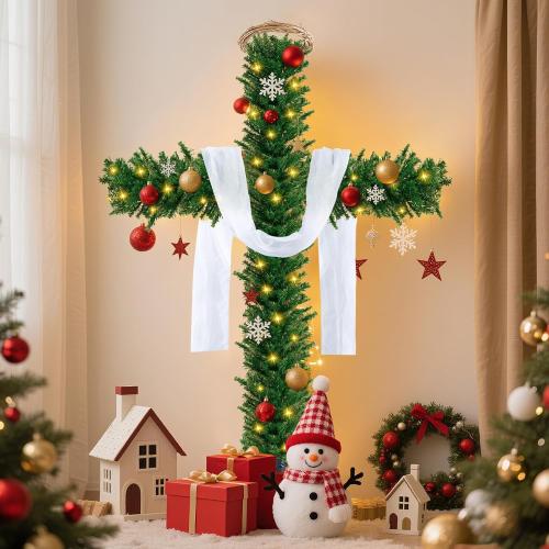 76 Inch Cross Christmas Tree with 2 Lights Strings and Garland Jesus Christ Catholic Cross Decor Decoration Foldable Xmas Tree for Indoor Outdoor Holiday, Yard, and Church Nativity Scene Decor
