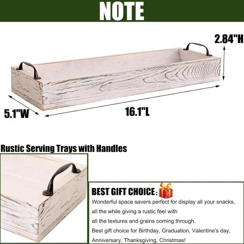 Rustic Wooden Serving Trays Rectangular with Handle,Ottoman Tray for Living Room 16 Inch Long for Serving Wine(whitewashed)