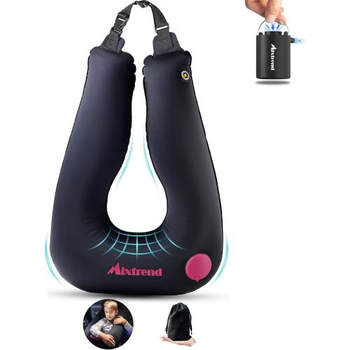 Travel Pillow Inflatable Car Pillow for Kids & Adults – Car Sleeping Neck & Head Support for Long Road Trips, Kids Sleeping Aid with Mini E-Pump (Rose Red)