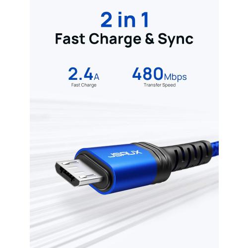 JSAUX Micro USB Cable for Android, (2-Pack 6.6FT) Kindle Charger Cord Replacement, Nylon Braided USB Micro Charging Cable Compatible with Galaxy S7 S6 J7 Edge Note 5, Kindle, MP3-Blue