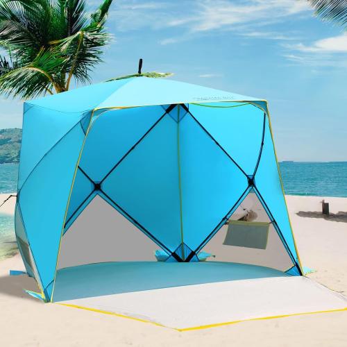 BLUE AND YELLOW Pop Up Beach Tent, Portable Shade Sun Shelter UPF50  UV Protection for 4 Person Extendable Floor for Fishing Hiking Camping, Waterproof Windproof(Blue)