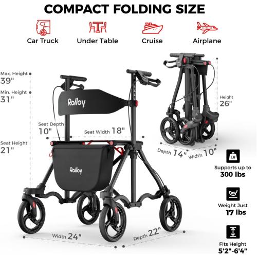 Rollator Walkers for Seniors with Seat, Foldable Travel Rolling Walker, 300lbs Capacity, lightweight Compact Portable Walker with Seat,Adjustable Height for Tall over 6ft,8 Big Wheels(Standard Model)