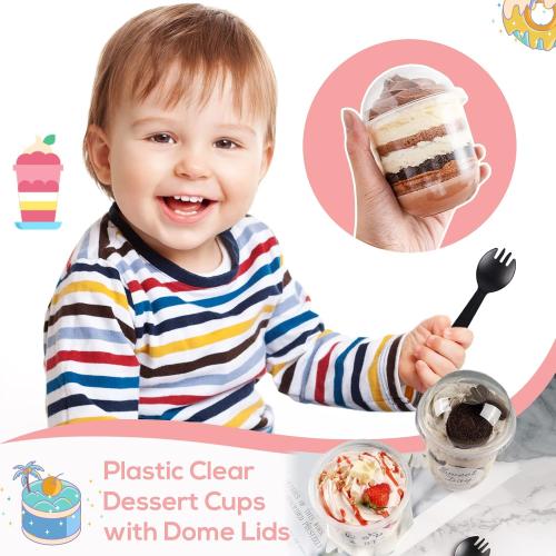 50 Pack 12OZ Clear Plastic Cups with Dome Lids and Sporks No Hole Disposable Fruit Cups for Dessert,Cupcake,Parfait,Pudding,Iced Cold Drinks,Snacks,Fruits,Bakeries,Ice Cream