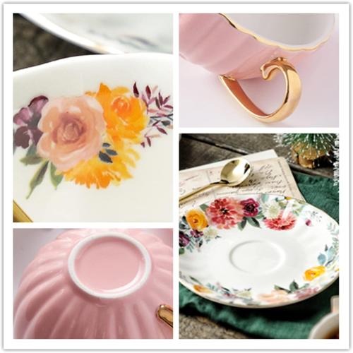 Lyellfe Set of 2 Tea Cup and Saucers, 8 Oz Floral Tea Cups with Gold Trim and Spoon, Porcelain British Coffee Cups for Party Christmas Birthday Wedding Gifts