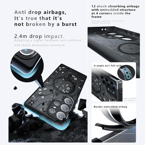 Magnetic Case for Samsung Galaxy S24 Ultra [Compatible with MagSafe] Black Flower Floral Case for Women Girls Soft TPU Bumper Hard PC Anti-Fall Shockproof Protective Slim Cover A10