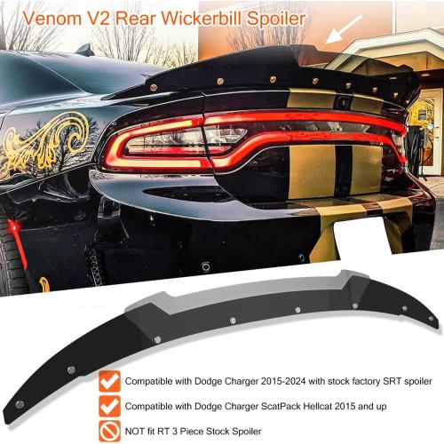 Bonbo Venom V2 Rear Wickerbill Spoiler for Dodge Charger 2015-2024 SRT ScatPack Hellcat, Add-on Type 2-Piece Rear Wicker Bill Spoiler with RivNut Tool (Gloss Black)