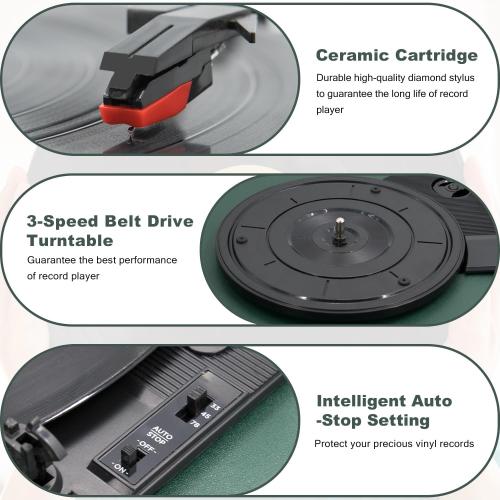 LP&No.1 Record Player with Stereo Bookshelf Speakers, Vintage 3-Speed Belt Drive Turntable, Wireless Input, RCA Output, Auto Stop Function | Dark Green