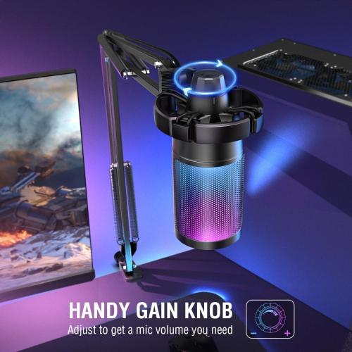FIFINE Gaming PC USB Microphone, Podcast Condenser Mic with Boom Arm, Pop Filter, Mute Button for Streaming, Twitch, Online Chat, RGB Computer Mic for PS4/5 PC Gamer Youtuber-AmpliGame A6T