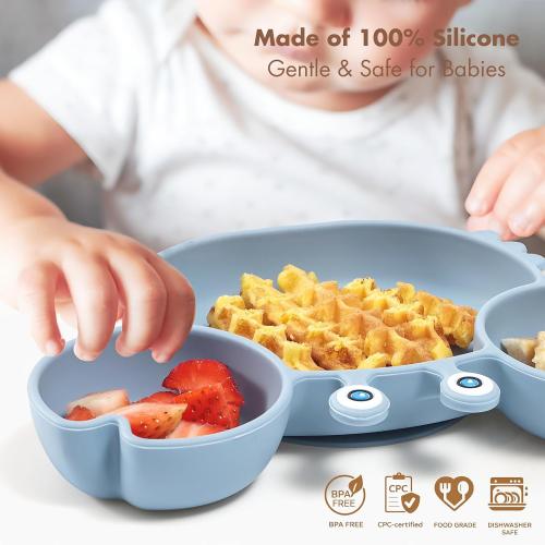 Suction Plates for Baby, Silicone Plates with Suction Divided, Baby Spoon Fork Set for Toddler Baby Dishes Kids Utensils-Crab Dusty Blue